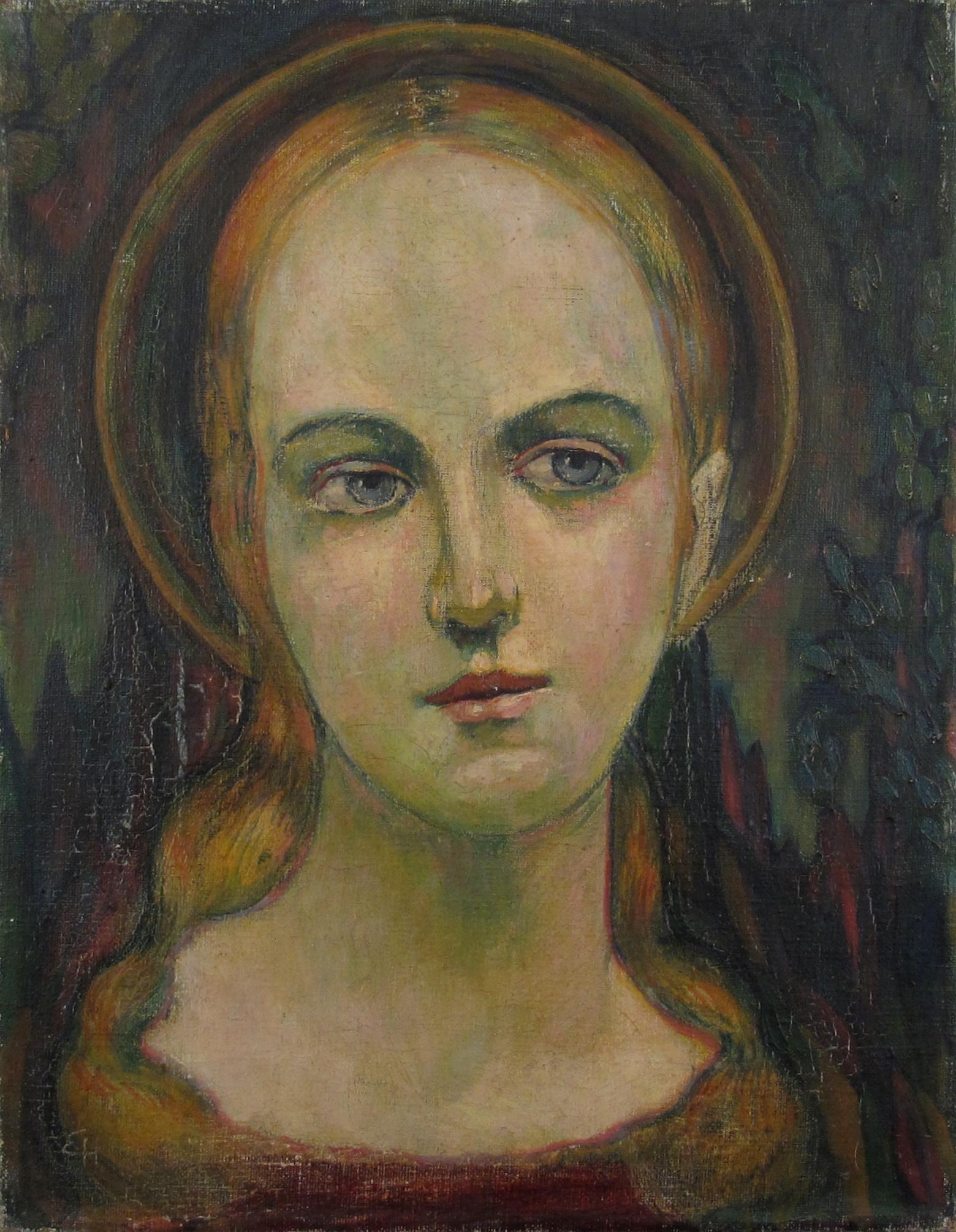 Monogrammed EH Portrait Female Saint Expressionist German School c. 1925 Germany - Painting by Unknown