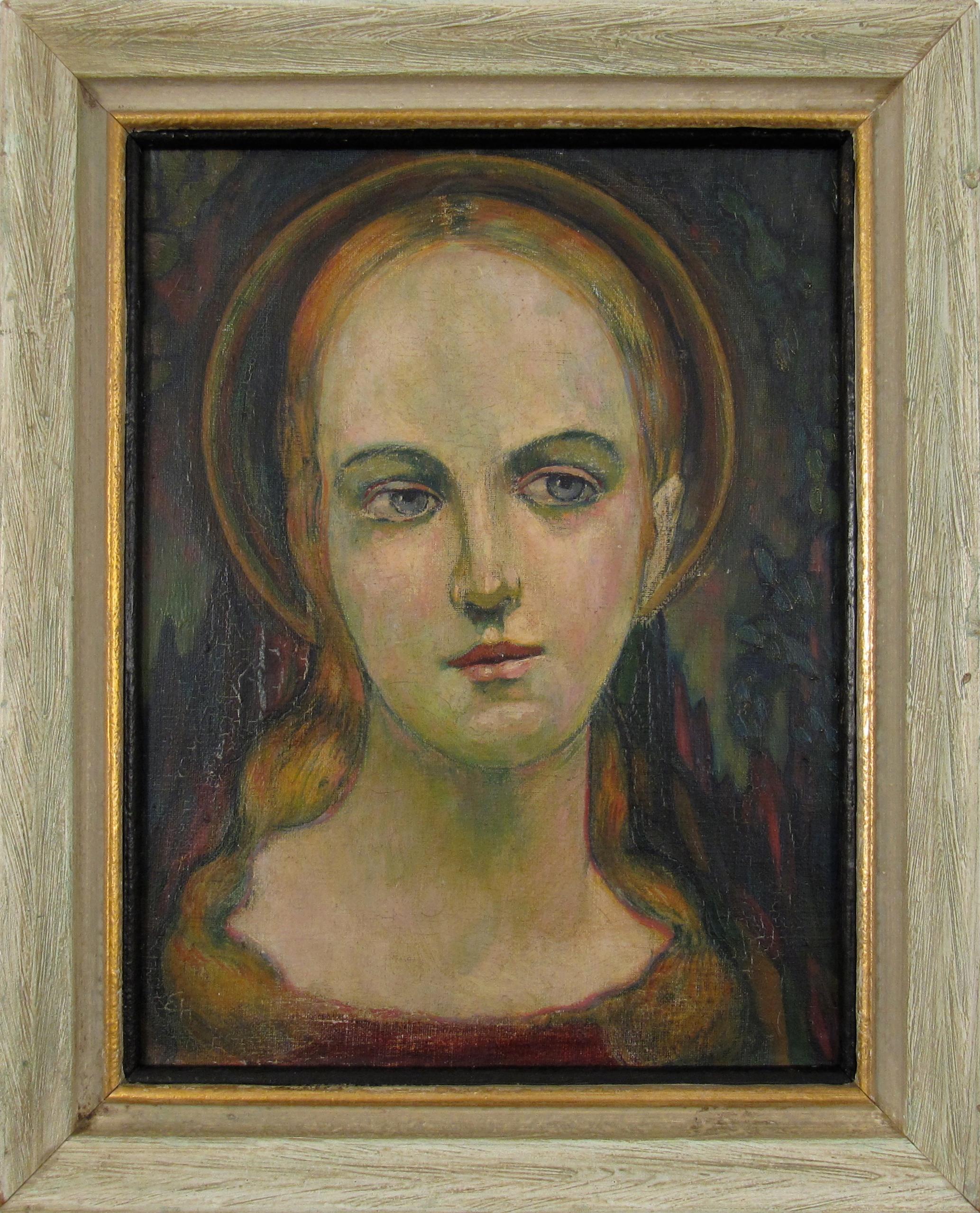 Unknown Portrait Painting - Monogrammed EH Portrait Female Saint Expressionist German School c. 1925 Germany