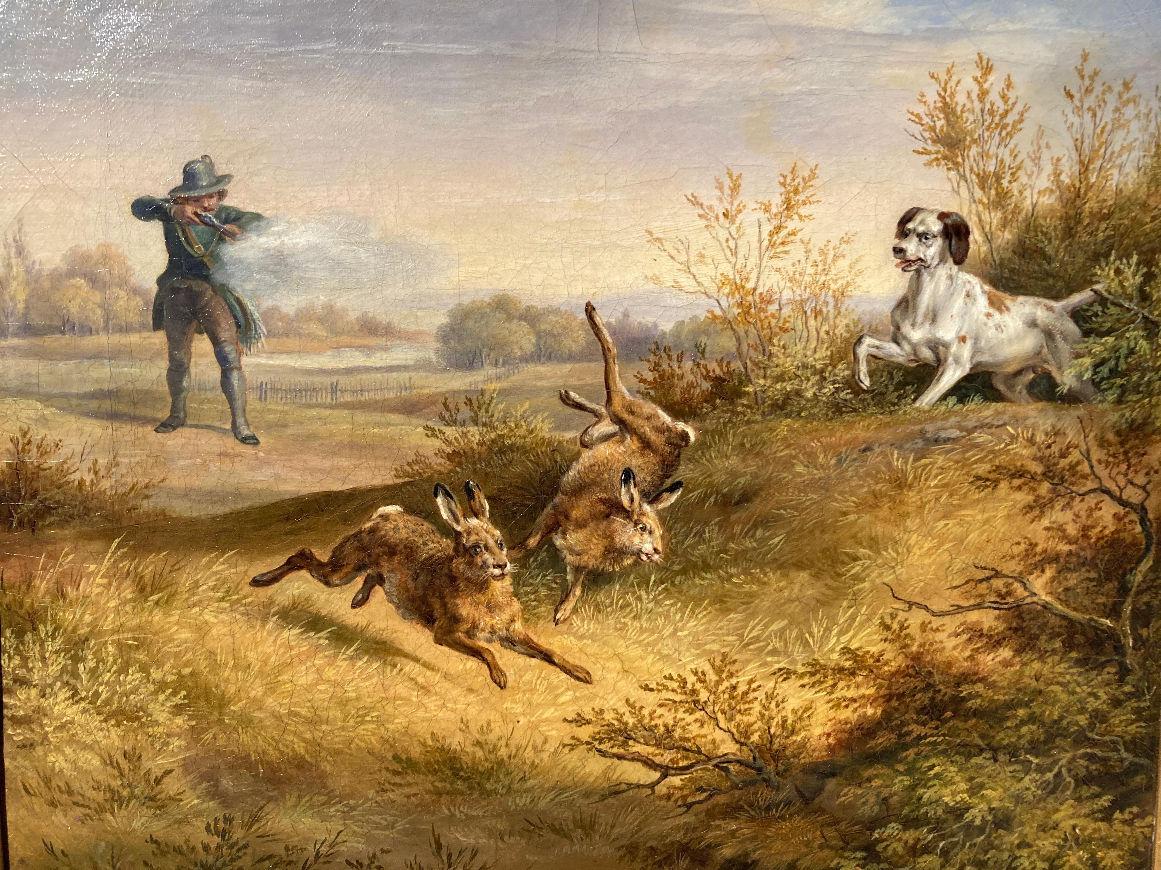 Deutsche Schule, Tier- Jagdszene, Jäger mit Hunden, Haren, Schrankgemälde (Romantik), Painting, von Unknown