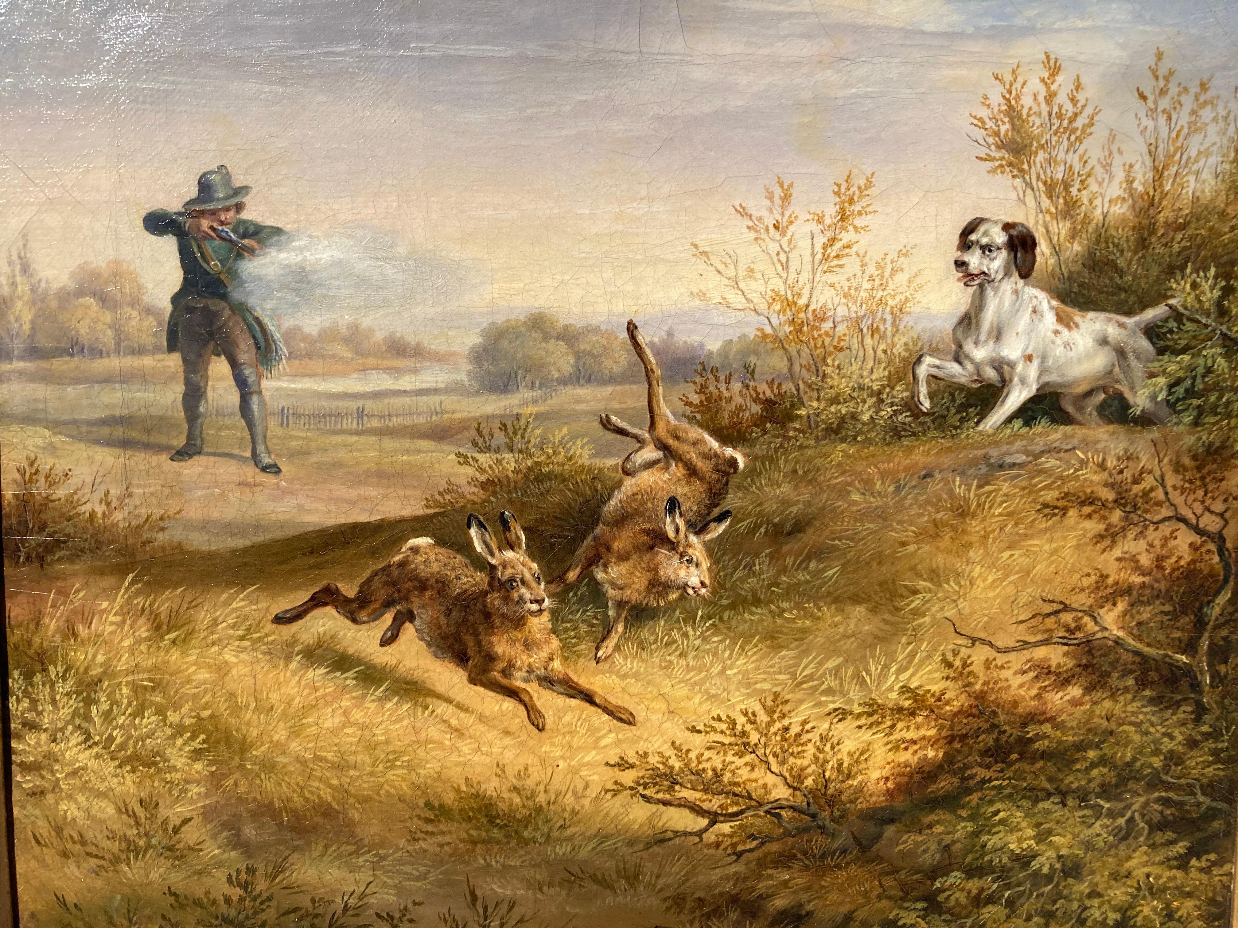 Deutsche Schule, Tier- Jagdszene, Jäger mit Hunden, Haren, Schrankgemälde (Braun), Figurative Painting, von Unknown