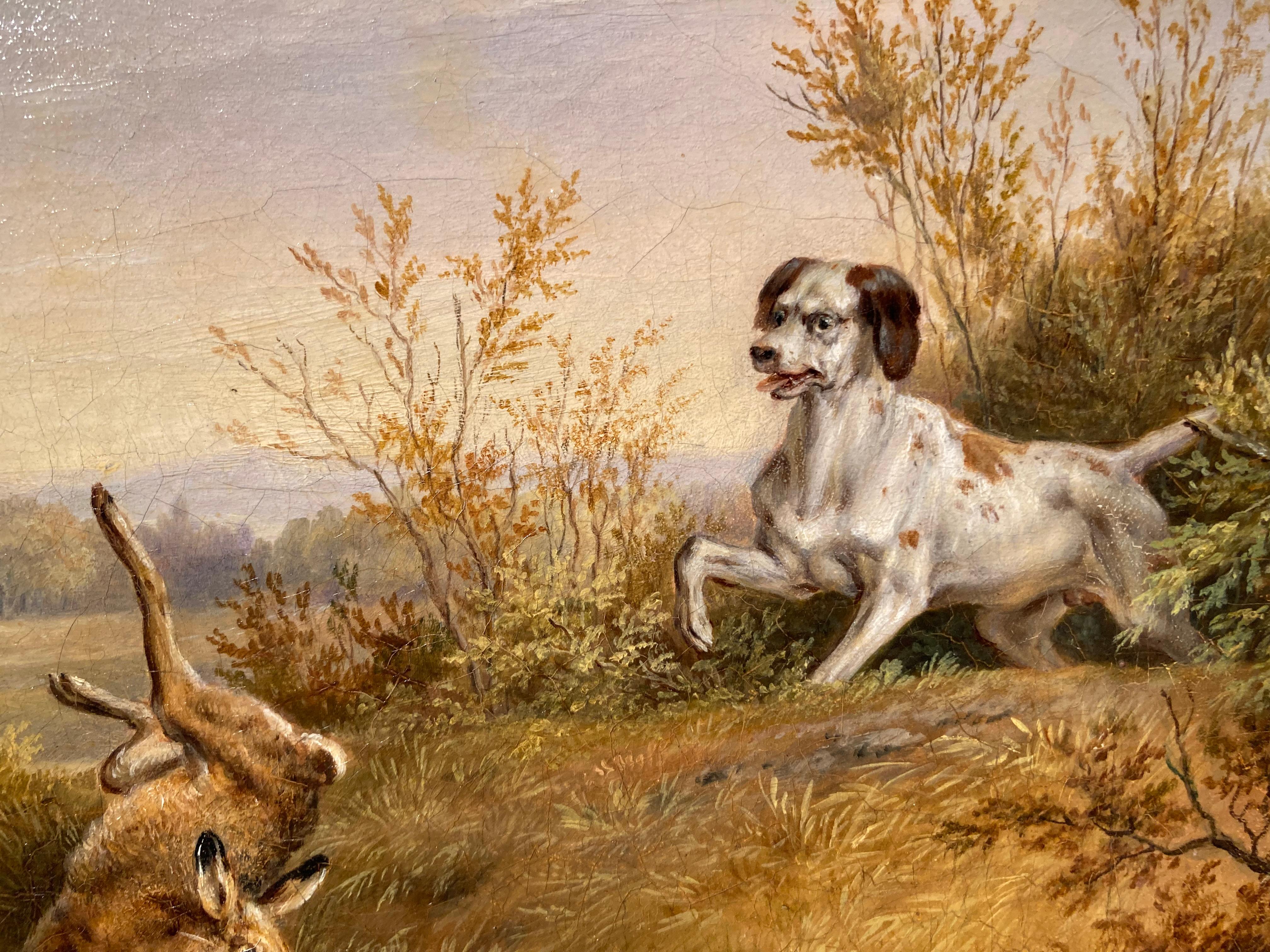 German School, Escena de caza de animales, Cazador con perros y liebres, Pintura de Gabinete - Figurative Painting Marrón de Unknown
