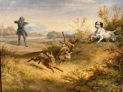 Antique German School, Animal Hunting Scene, Hunter with Dogs, Hares, Cabinet Painting