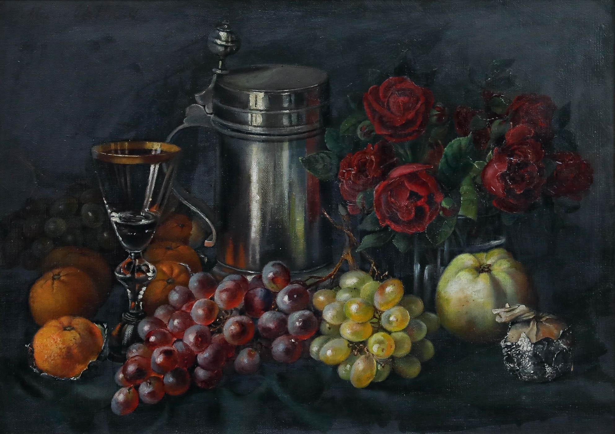 German School Öl des frühen 20. Jahrhunderts - Stilleben mit Krug, Rosen und Obst – Painting von Unknown
