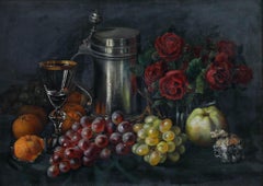 German School Early 20th Century Oil - Still life with a Jug, Roses, and Fruit