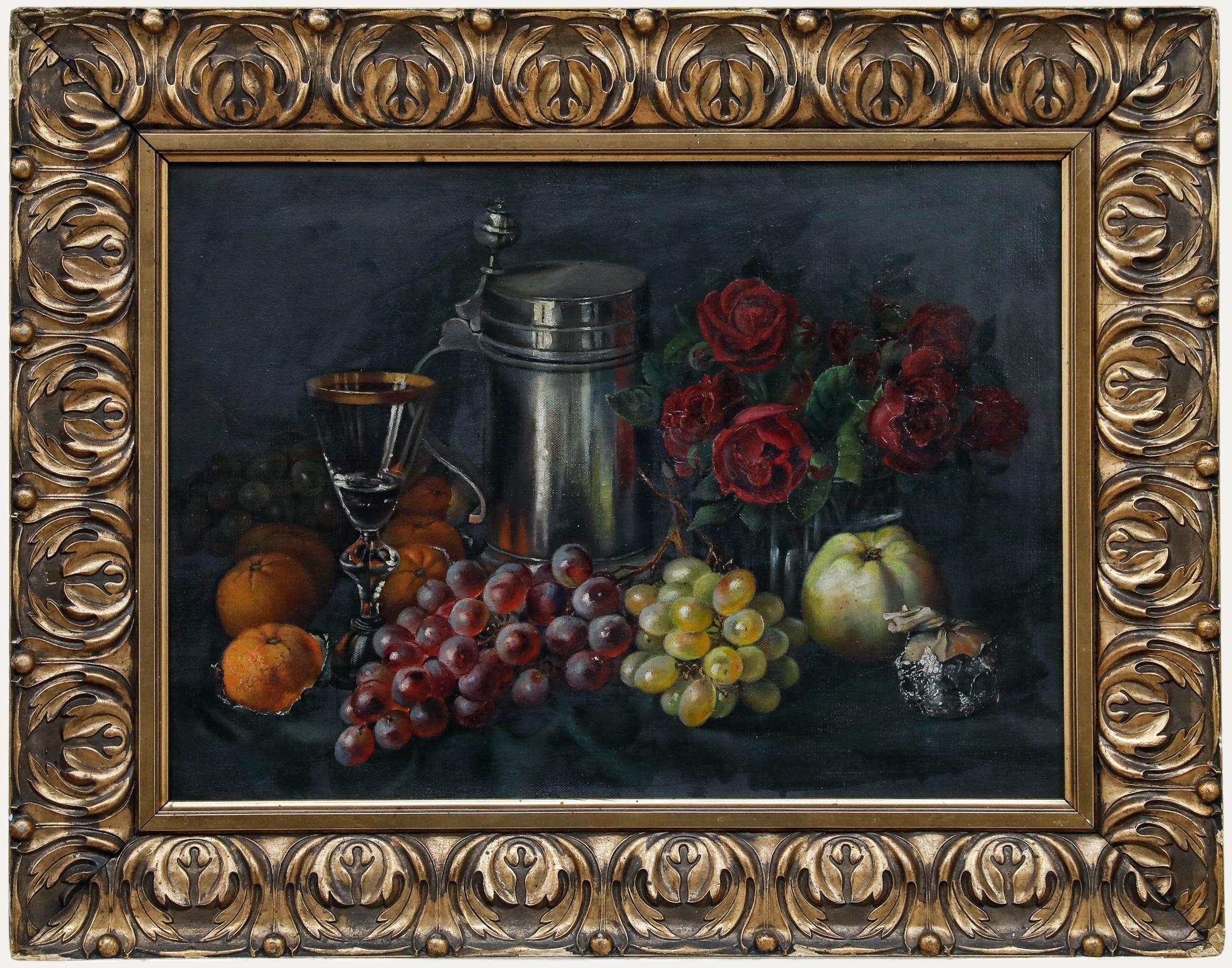 German School Öl des frühen 20. Jahrhunderts - Stilleben mit Krug, Rosen und Obst