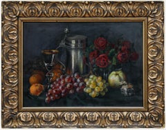 German School Öl des frühen 20. Jahrhunderts - Stilleben mit Krug, Rosen und Obst