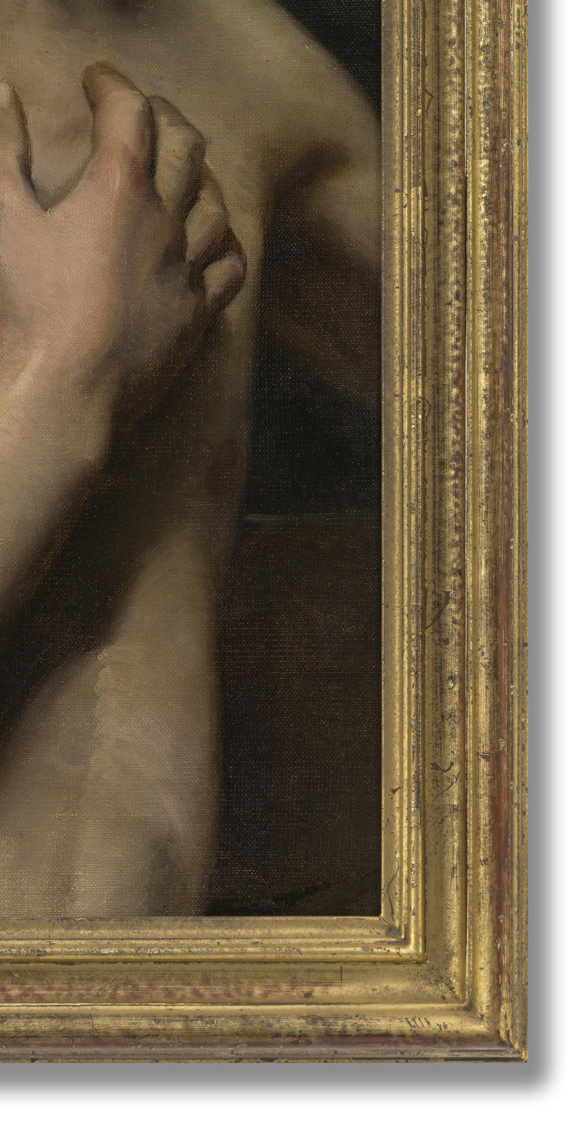German School, Figure Study, c.1890, Oil on canvas, 64cm x 39cm, (74cm x 50cm framed). The painting has been recently cleaned and is in a new period style frame. 

This wonderfully tender depiction of a model was clearly painted by someone with