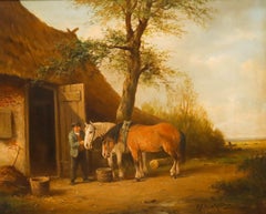 German School Framed Early 20th Century Oil - A Farmer Feeding Horses