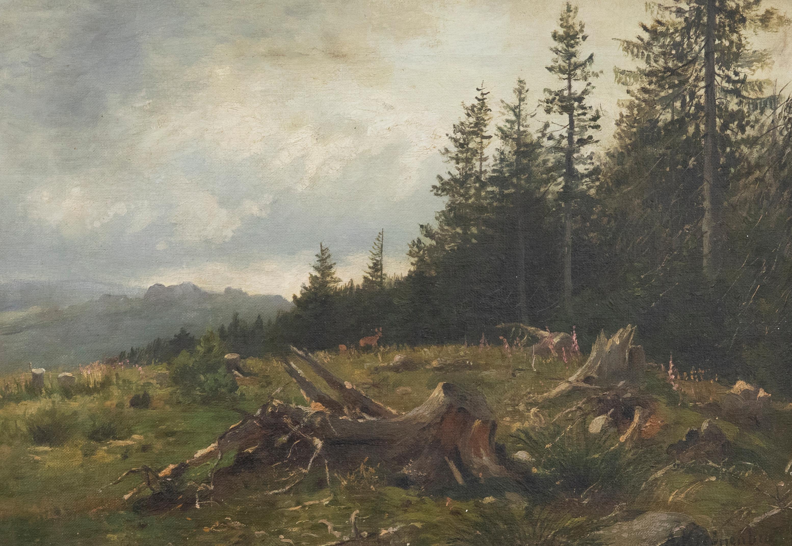 Olio della German School della fine del XIX secolo - Paesaggio autunnale con cervo - Painting di Unknown