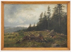 Olio della German School della fine del XIX secolo - Paesaggio autunnale con cervo