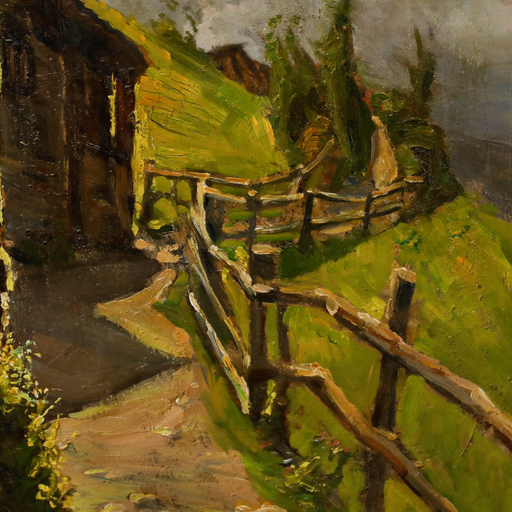 Este dinámico óleo representa un dramático paisaje alpino con cabañas salpicadas a lo largo de un rocoso sendero de montaña. Posiblemente alemán o austriaco. El óleo ha sido bien presentado en un marco envejecido de efecto dorado. Firmado