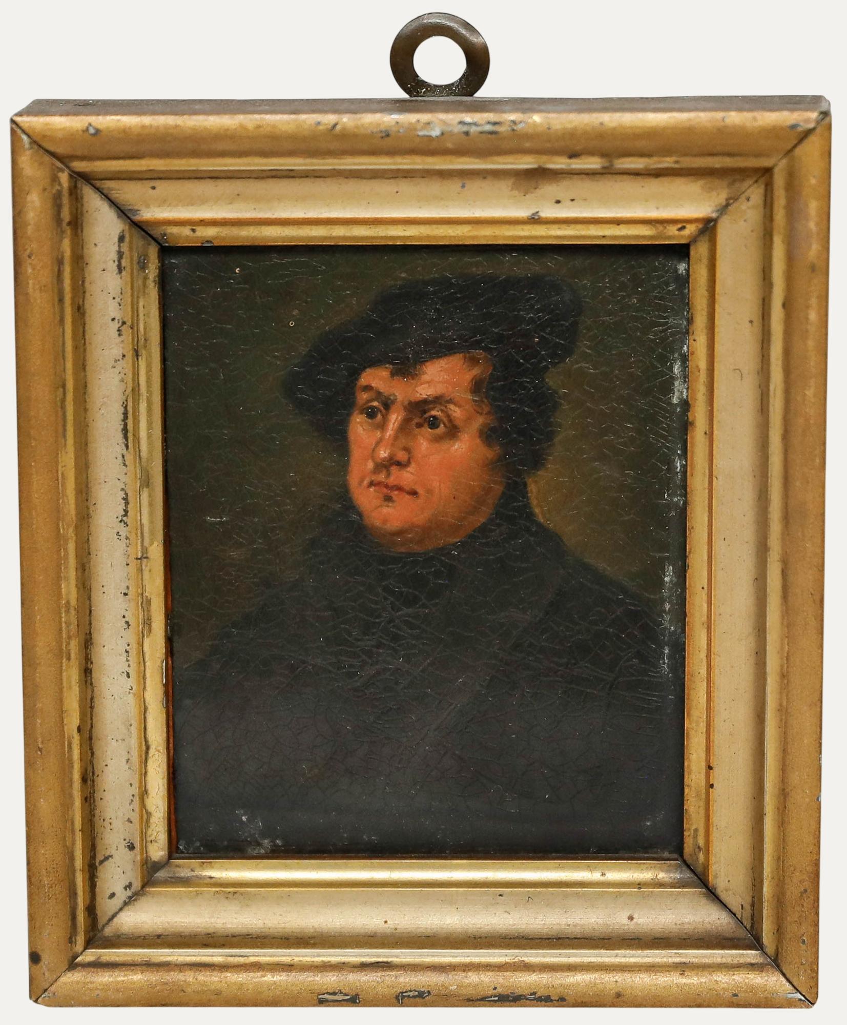 Unknown Portrait Painting - German School Miniature - 19th Century Oil, Martin Luther