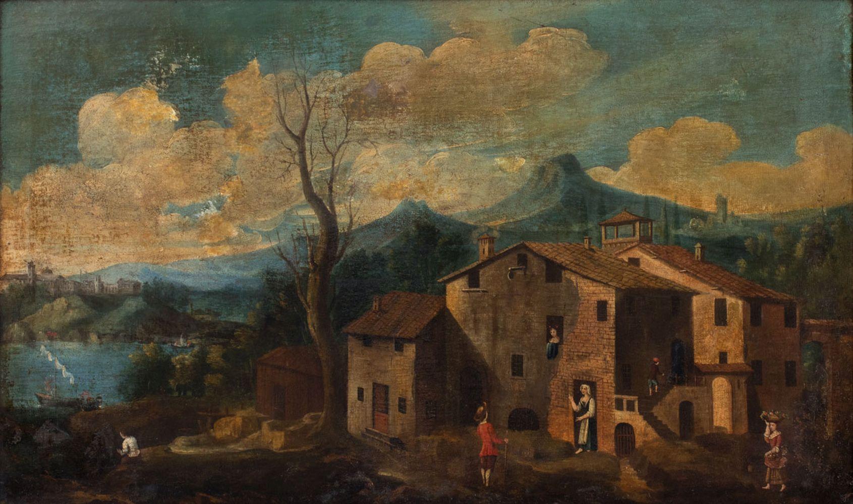German School Village Landscape Scene – Painting von Unknown