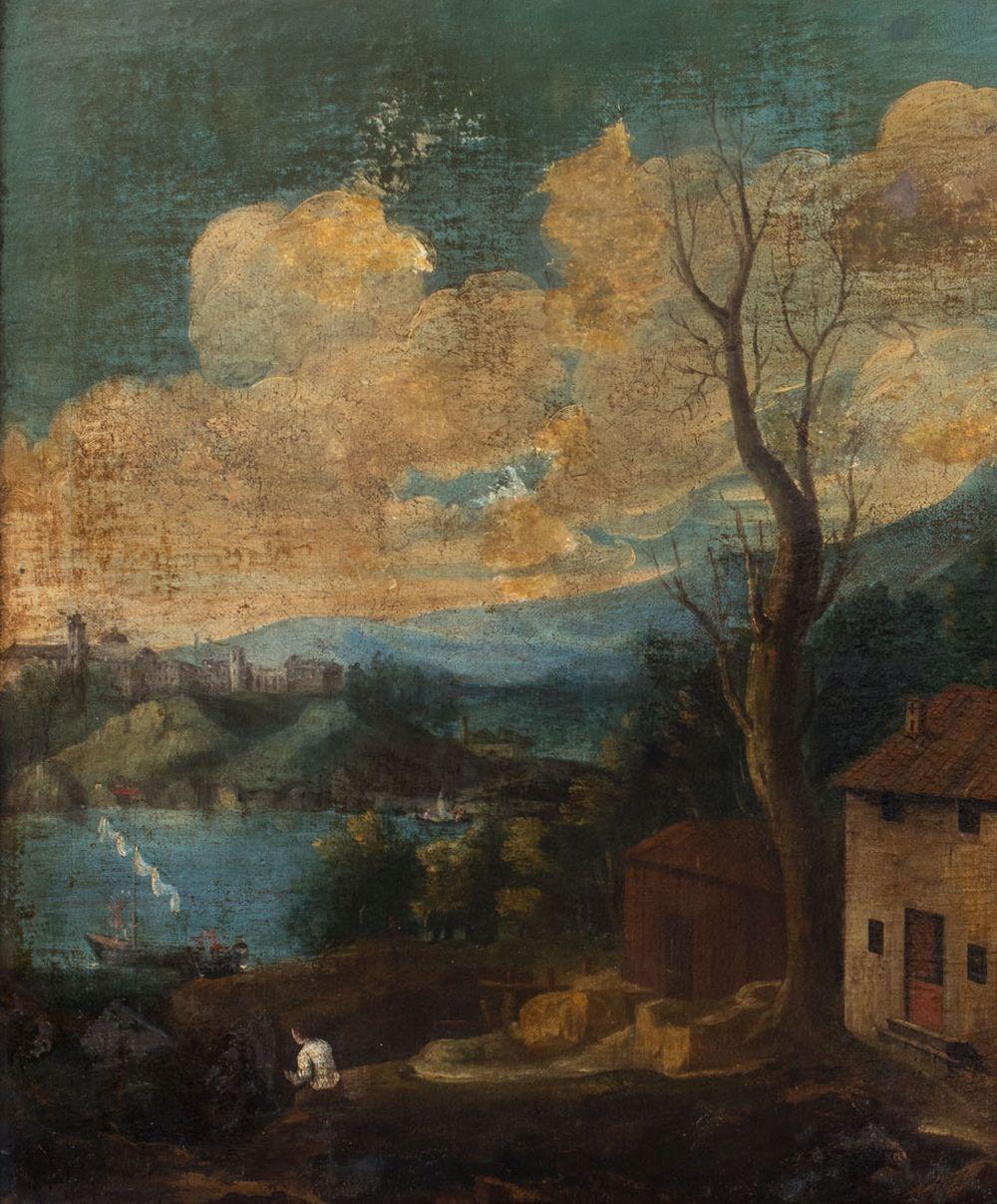 German School, Village Landscape Scene, Oil on Canvas, early 19th century, unsigned, ebonized and giltwood frame. Image: 34.25