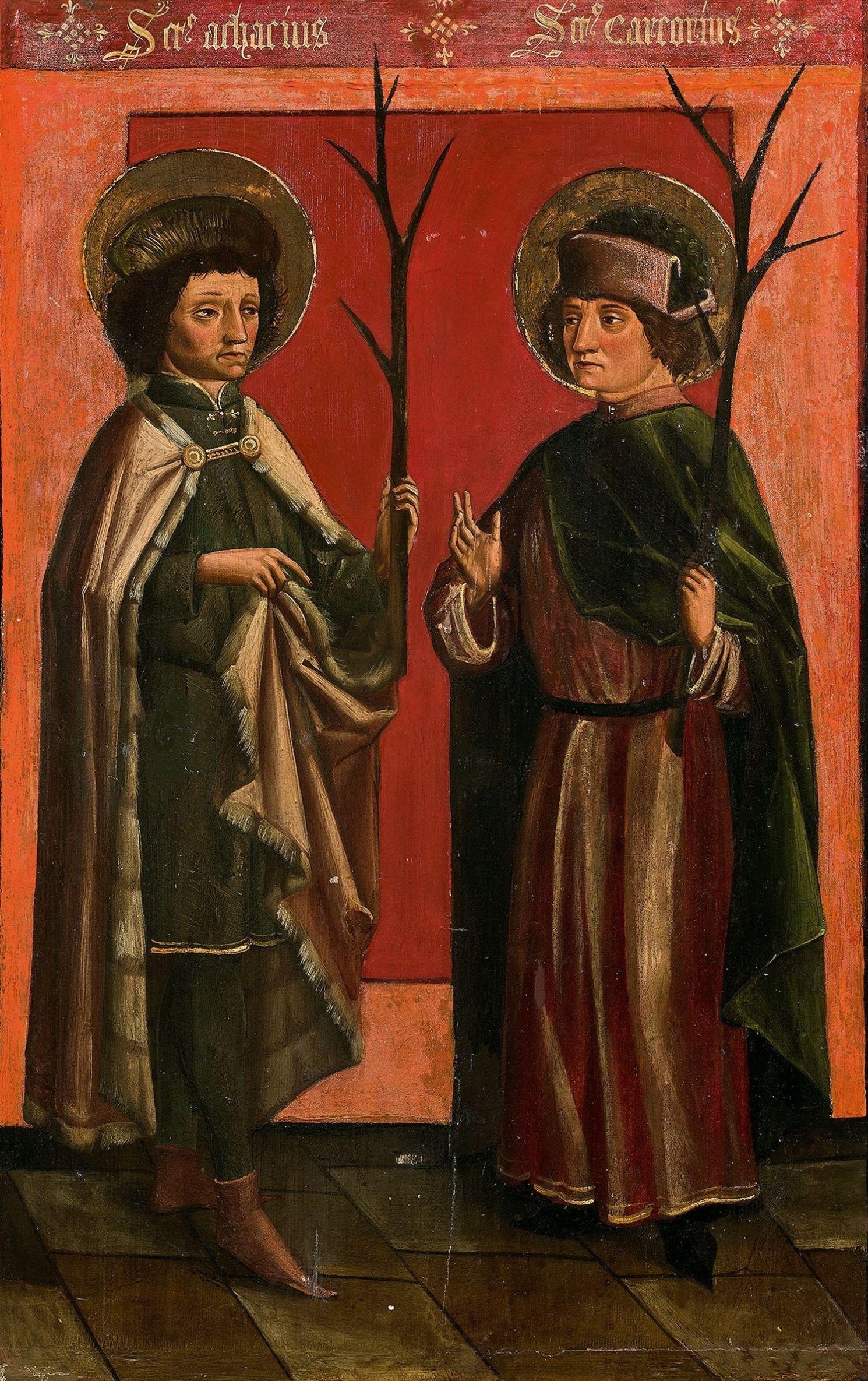 Deutsche deutsche Schule (XVI. Jahrhundert) – Heiliger Acharius und Kameen – Original Öl auf Tafel – Painting von Unknown
