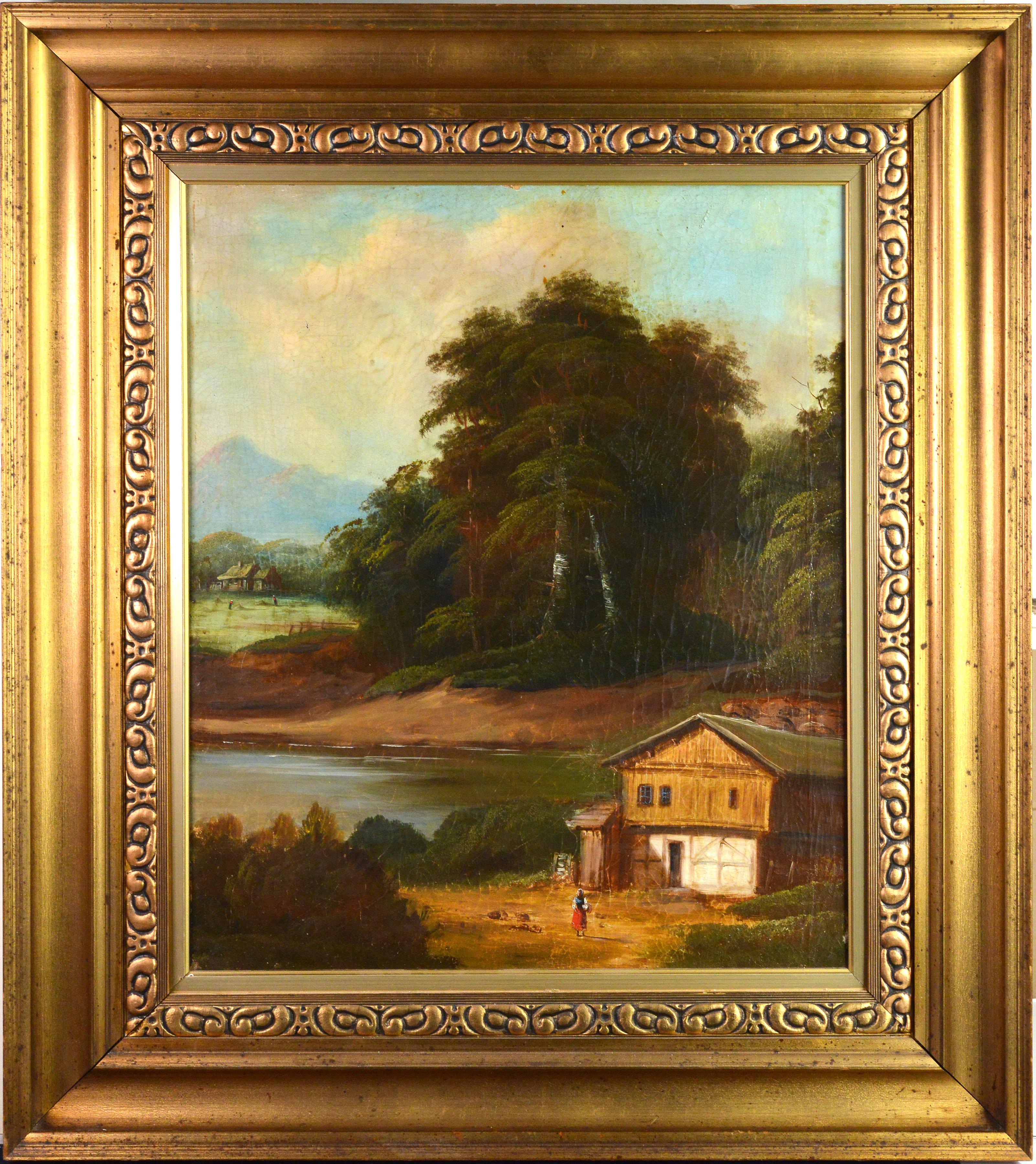 Unknown - German Summer Farmhouse Landscape Framed Oil Painting 19th ...