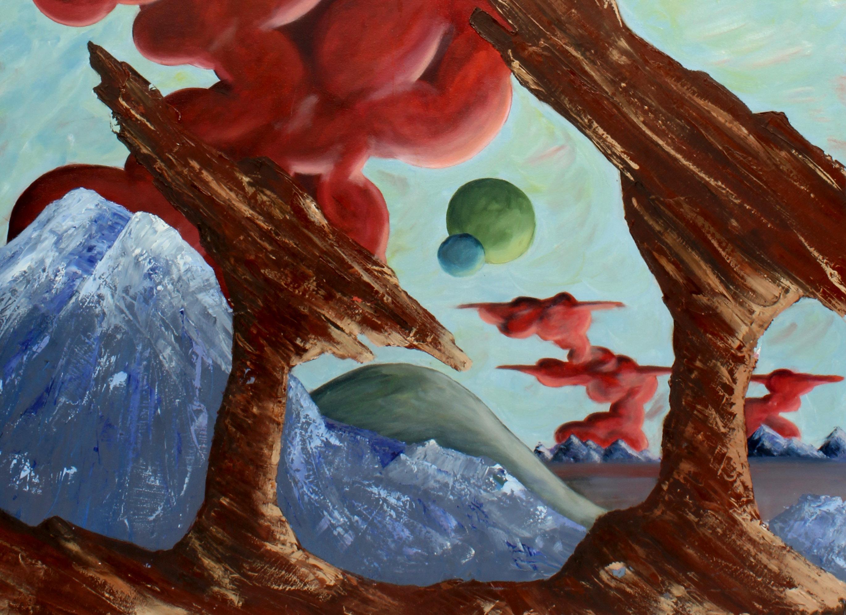 German Surrealist Colorful Oil Painting Space Moon 1960 Mid Century Red Green - Gray Landscape Painting by Unknown