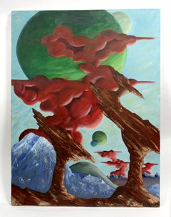 Retro German Surrealist Colorful Oil Painting Space Moon 1960 Mid Century Red Green
