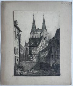 German Town with Twin Spired Church Pencil Drawing L J Wortley Study No 27