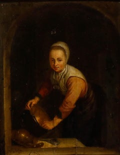 Gerrit Dou - 18th Century Oil, A Maidservant Scouring a Brass Pan