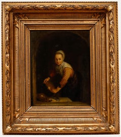 Gerrit Dou - 18th Century Oil, A Maidservant Scouring a Brass Pan