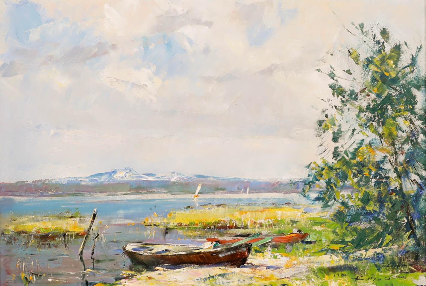 Gert Kutzner (geb. 1920) - Gerahmtes Ölgemälde des 20. Jahrhunderts, Boote am Seeufer – Painting von Unknown