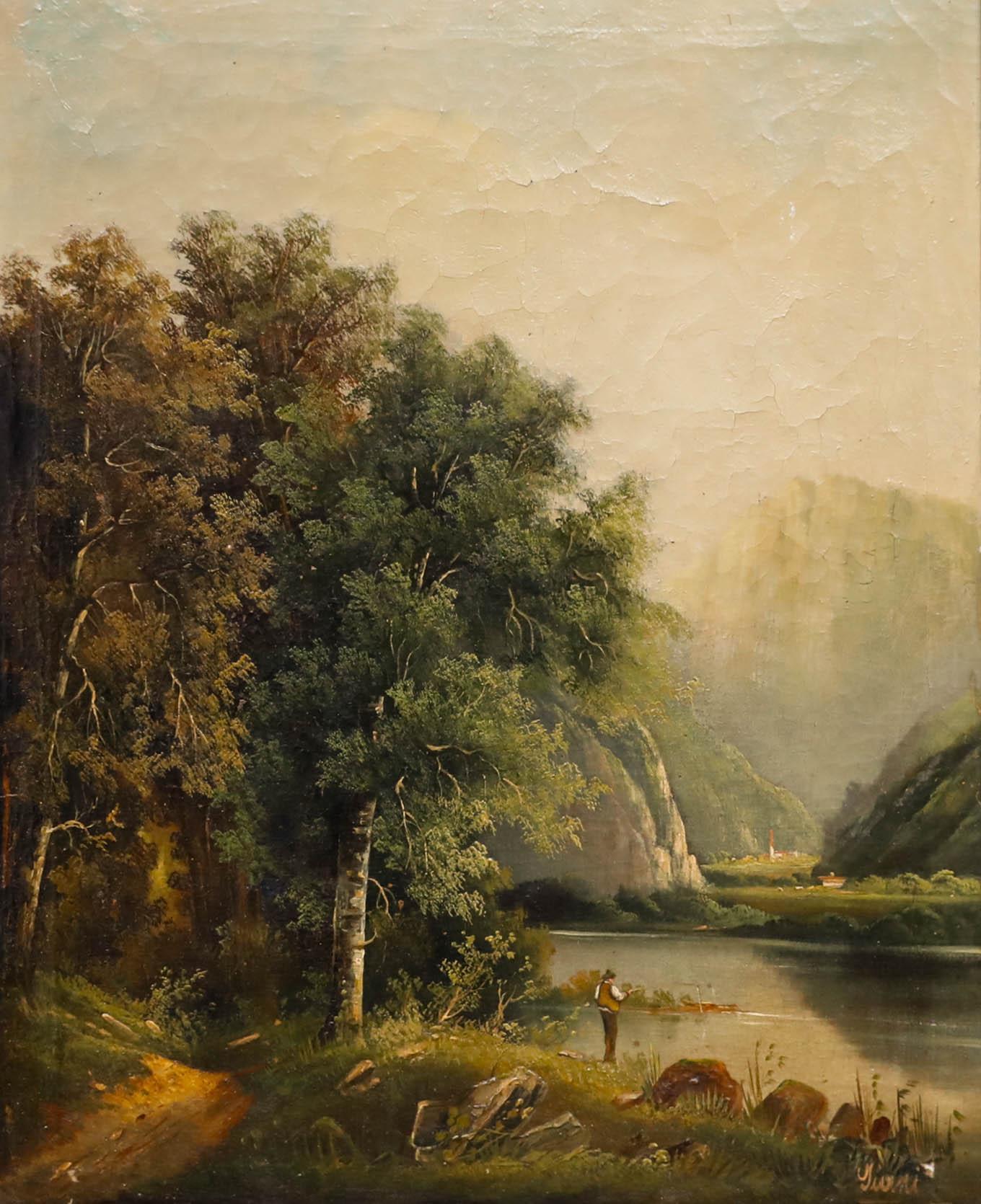 Giani - Gerahmtes Öl aus dem 19. Jahrhundert, Fischen in den Bergen – Painting von Unknown