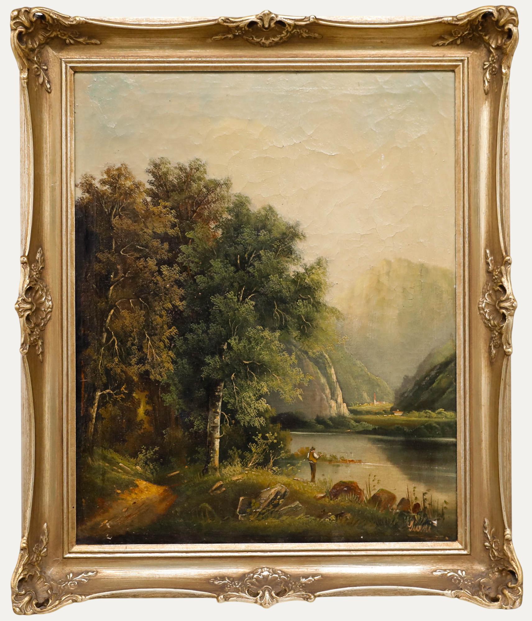 Giani - Huile encadrée du 19e siècle, Pêche dans les montagnes