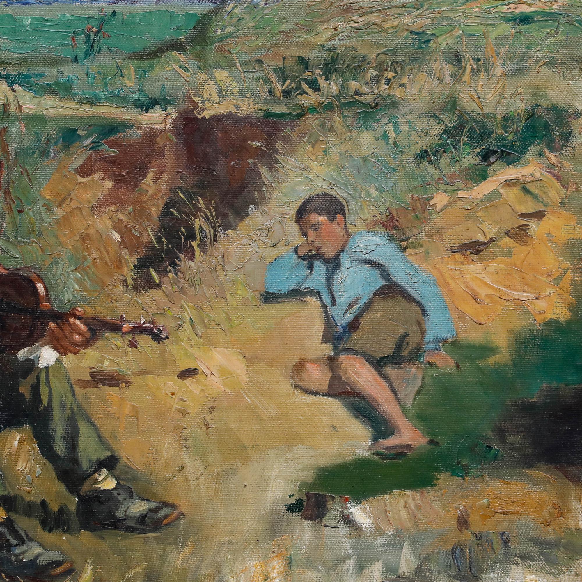 This pastoral scene depicts a moment of rustic leisure, with a man playing a fiddle in a grassy field while a young boy listens nearby. The loose, impressionistic brushstrokes and earthy colour palette evoke a sense of warmth and simplicity,