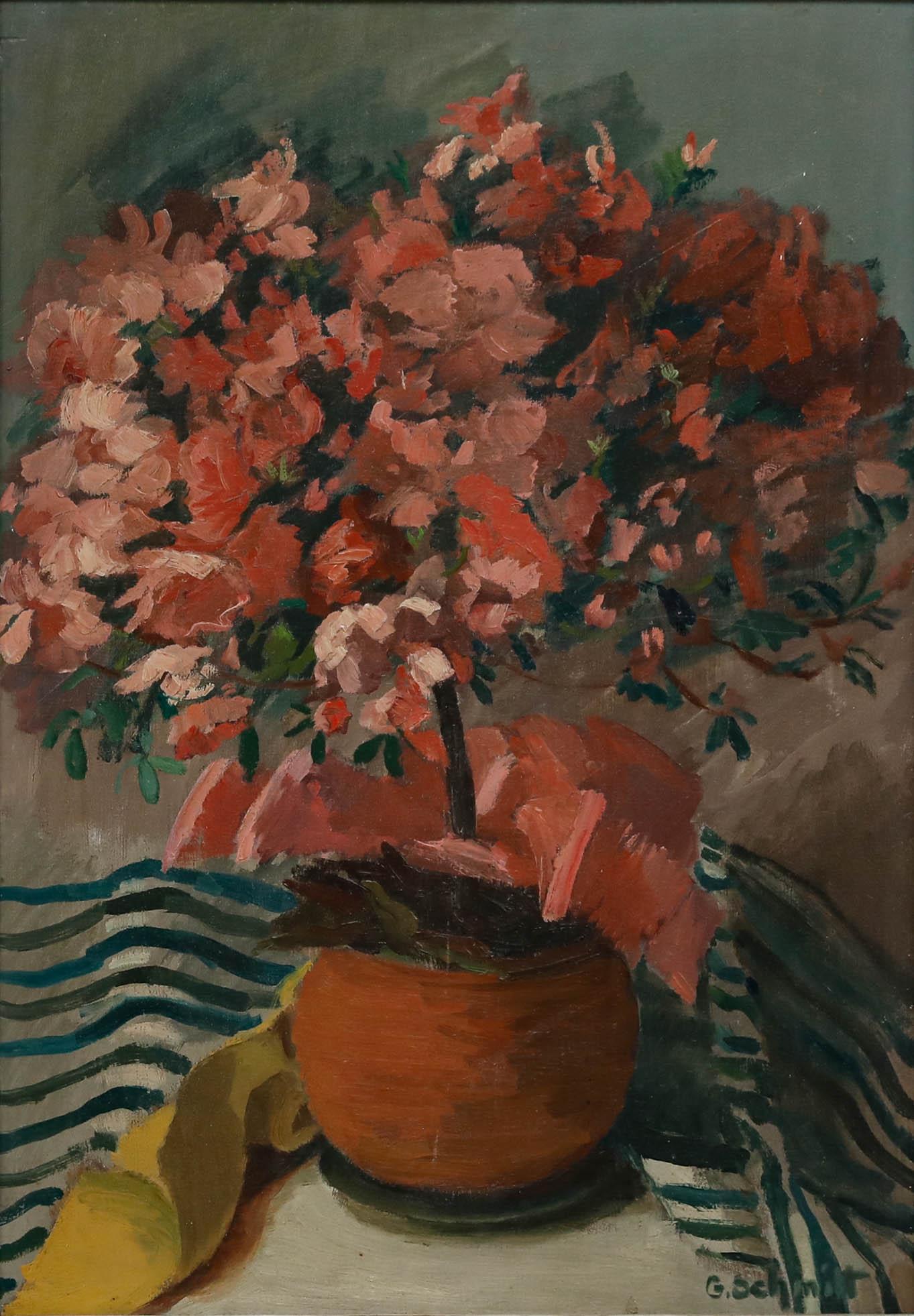 Gilbert Schmitt (1907-2001) - Framed Oil, Standard Tree with Red Flowers - Painting by Unknown