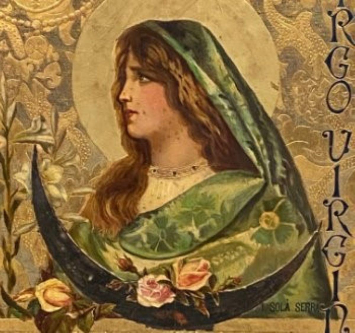 Gilded Art Nouveau Panel of the Virgin Mary, Signed I. Solà Serra - Painting by Unknown