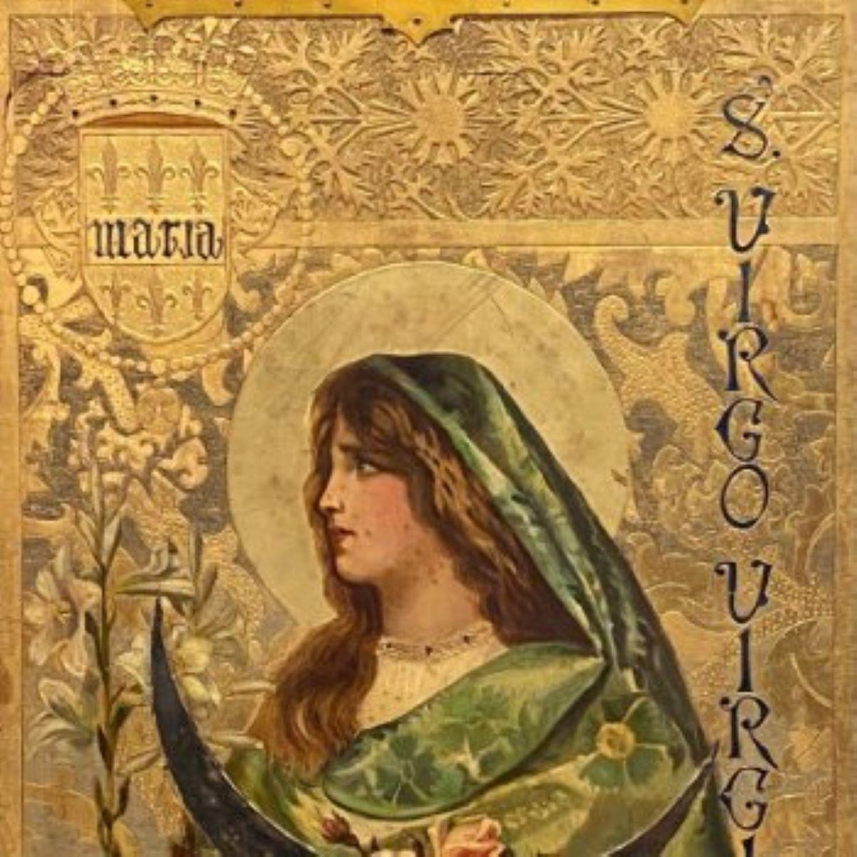 Gilded Art Nouveau Panel of the Virgin Mary, Signed I. Solà Serra - Brown Figurative Painting by Unknown