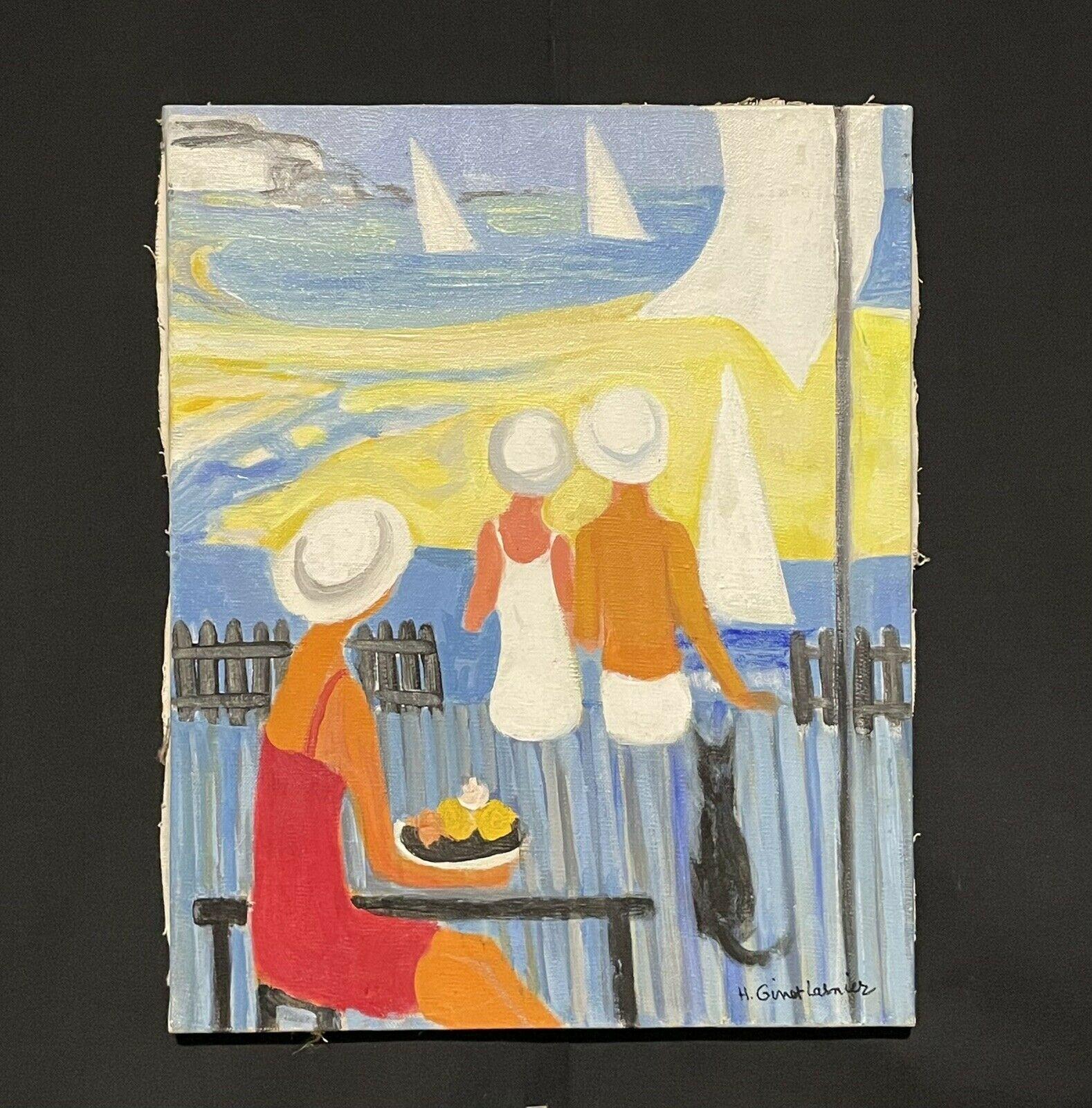 GINET-LASNIER (1927-2020) FRENCH OIL - MODERNIST FIGURES ON BEACH CAFE TERRACE - Painting by Unknown