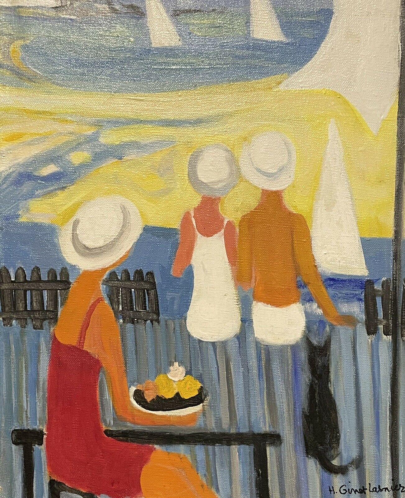 GINET-LASNIER (1927-2020) FRENCH OIL - MODERNIST FIGURES ON BEACH CAFE TERRACE - Impressionist Painting by Unknown