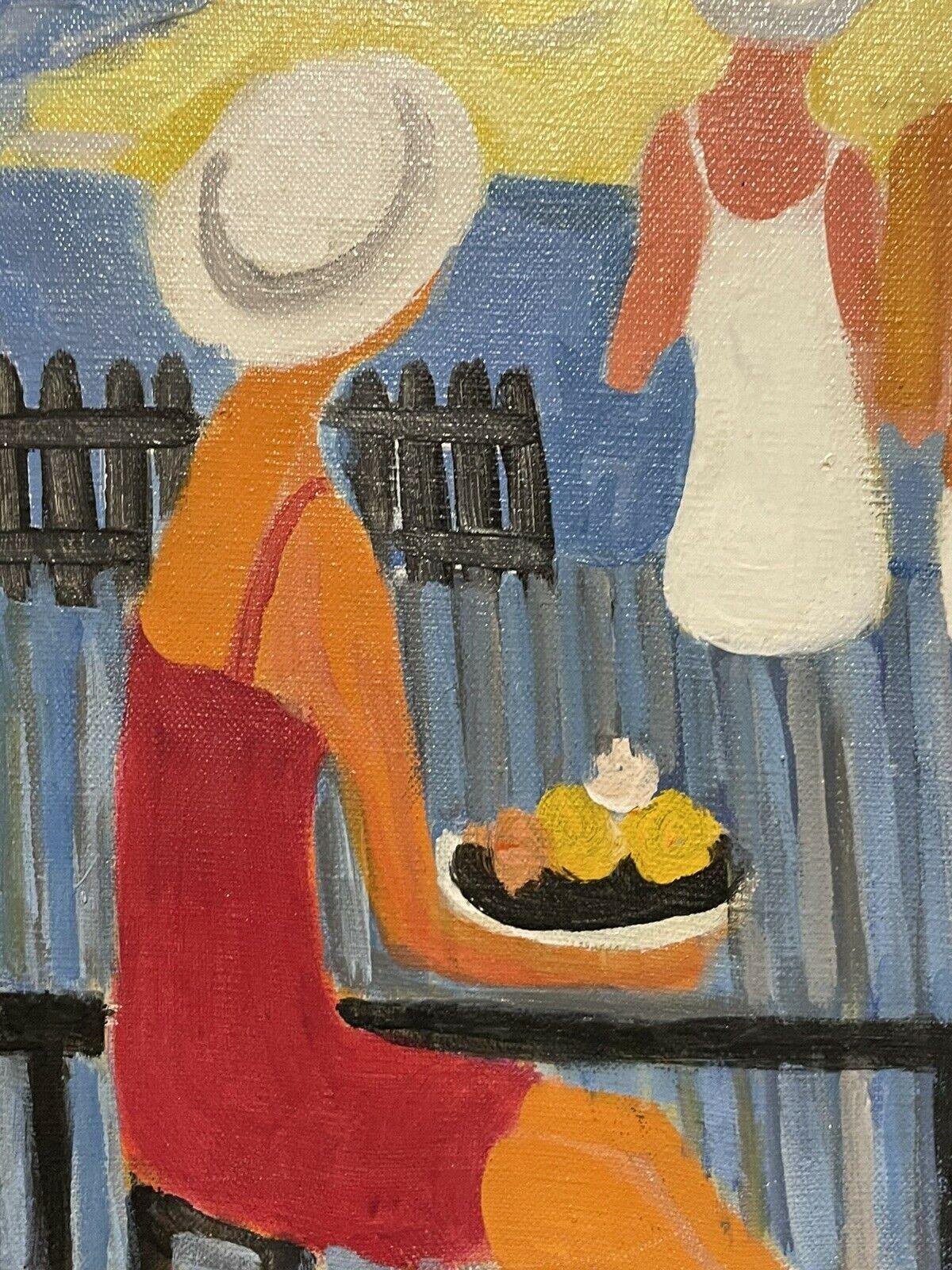 GINET-LASNIER (1927-2020) FRENCH OIL - MODERNIST FIGURES ON BEACH CAFE TERRACE - Beige Figurative Painting by Unknown