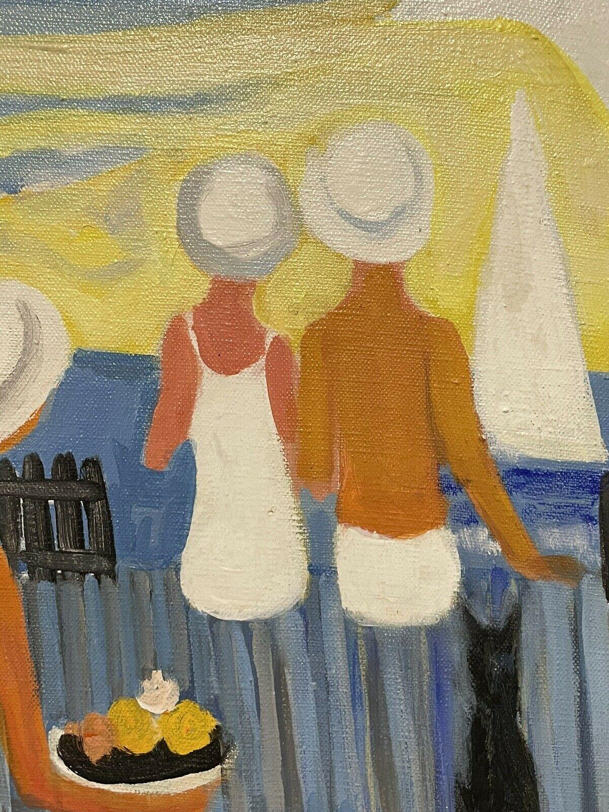 GINET-LASNIER (1927-2020) FRENCH OIL - MODERNIST FIGURES ON BEACH CAFE TERRACE For Sale 1