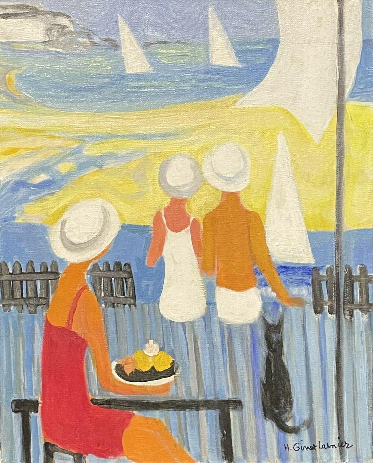 Unknown Figurative Painting - GINET-LASNIER (1927-2020) FRENCH OIL - MODERNIST FIGURES ON BEACH CAFE TERRACE