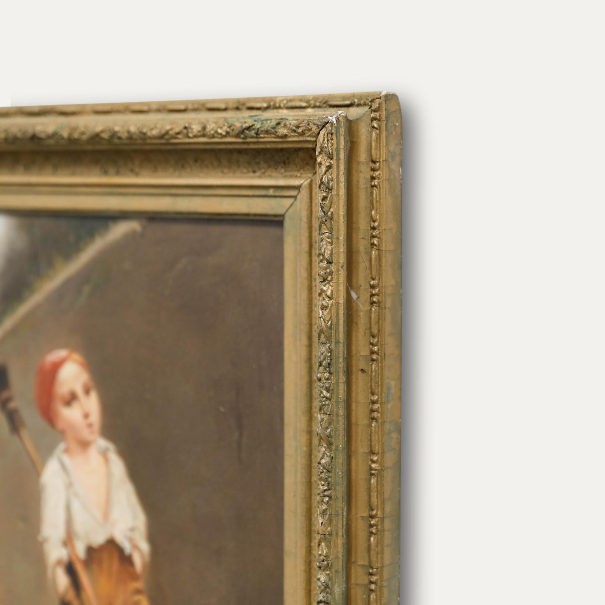 Questa incantevole scena continentale raffigura un giovane spazzino in abiti da lavoro che fischietta mentre cammina a piedi nudi lungo un sentiero illuminato dal sole. La composizione attira l'occhio dello spettatore lungo la linea diagonale del