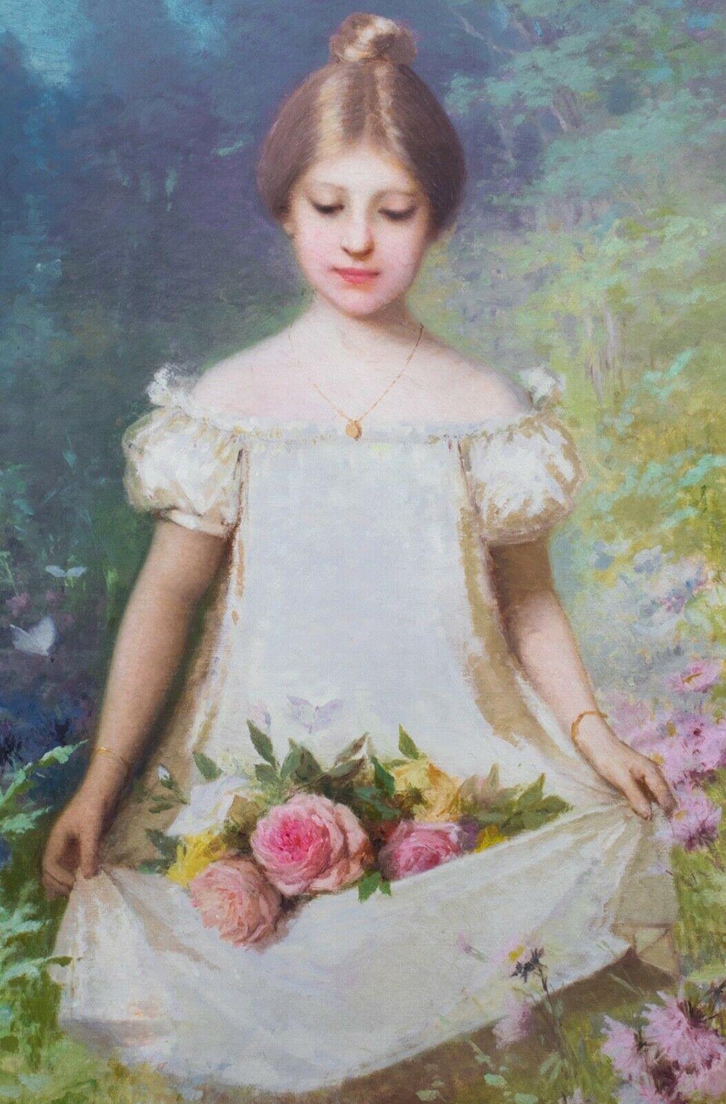 girl in pink dress in field painting