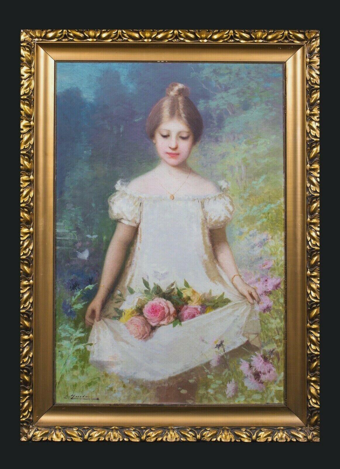 Unknown Portrait Painting - Girl Carrying Summer Roses Through A Garden, 19th Century