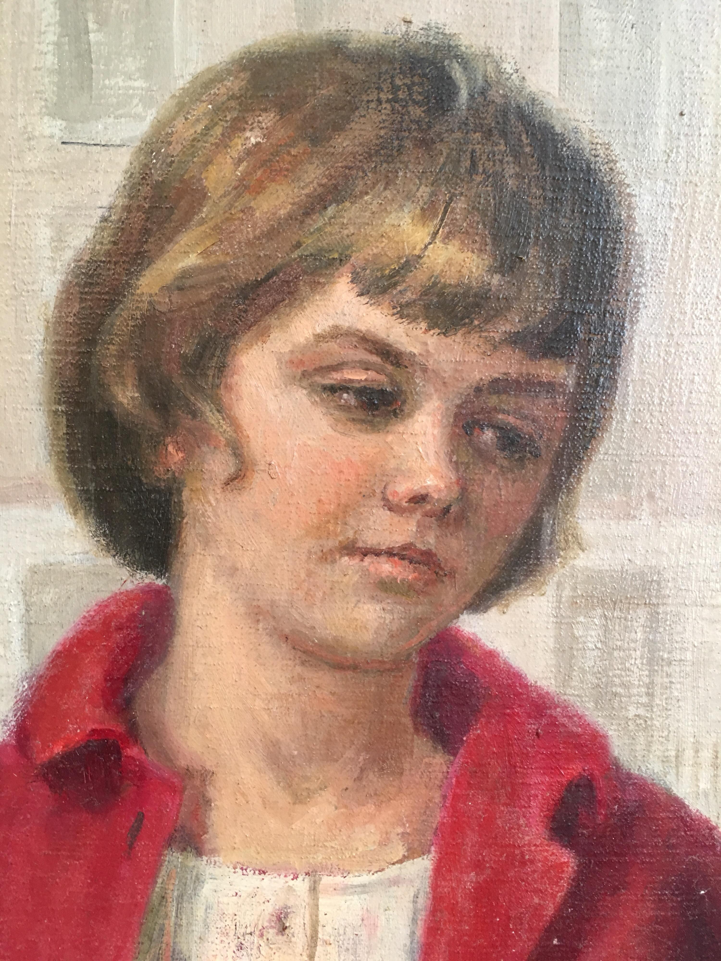 Girl in Red, Impressionist Portrait, Oil Painting, Signed 
By British artist, M.Russell, mid 20th Century
Signed by the artist on the lower right hand corner
Oil painting on canvas, framed
Frame size: 21.5 x 18.5 inches

Lovely portrayal of a young