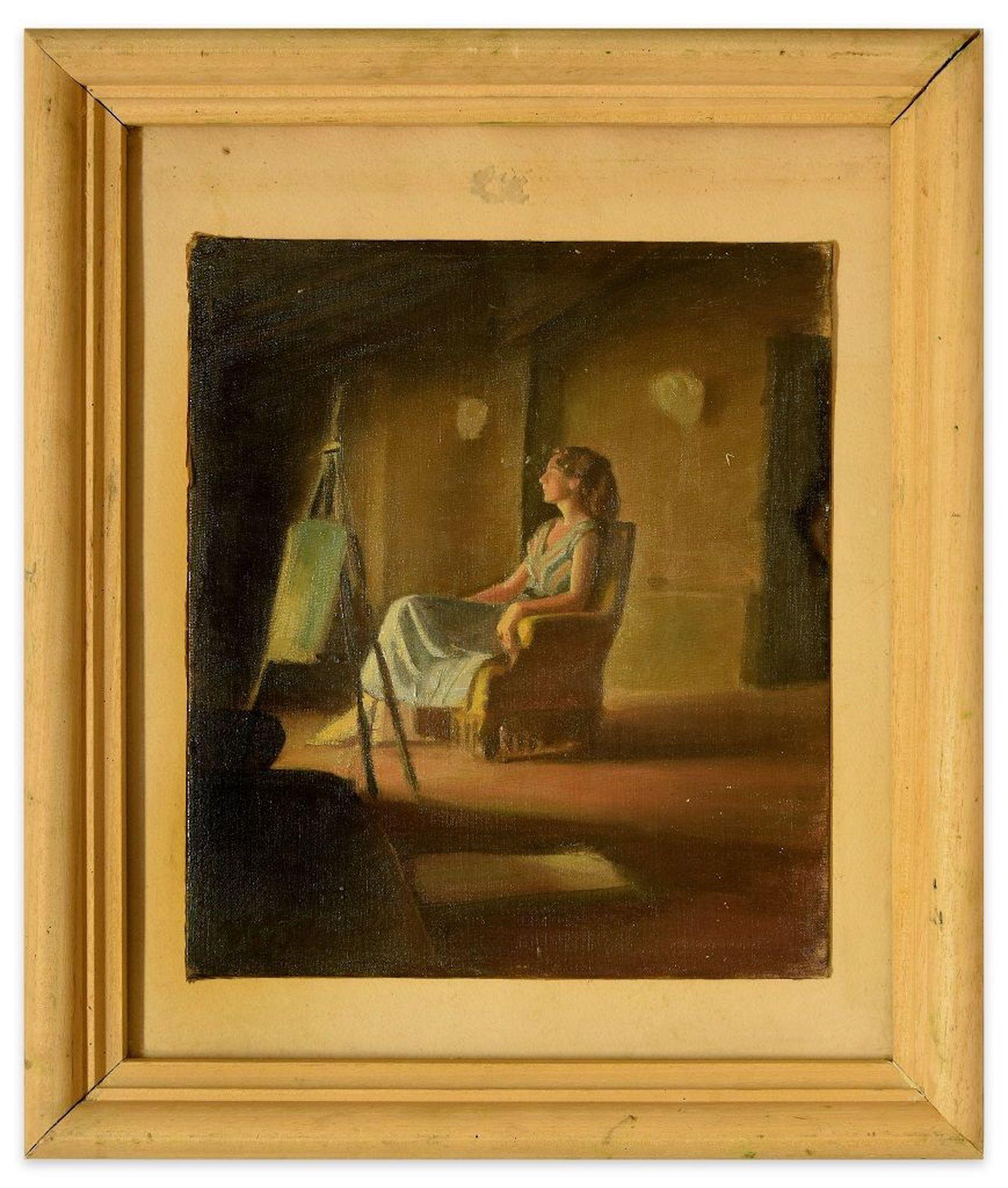 Girl on the Armchair - Oil on Canvas by Anonymous Italian Artist - 1950s - Painting by Unknown
