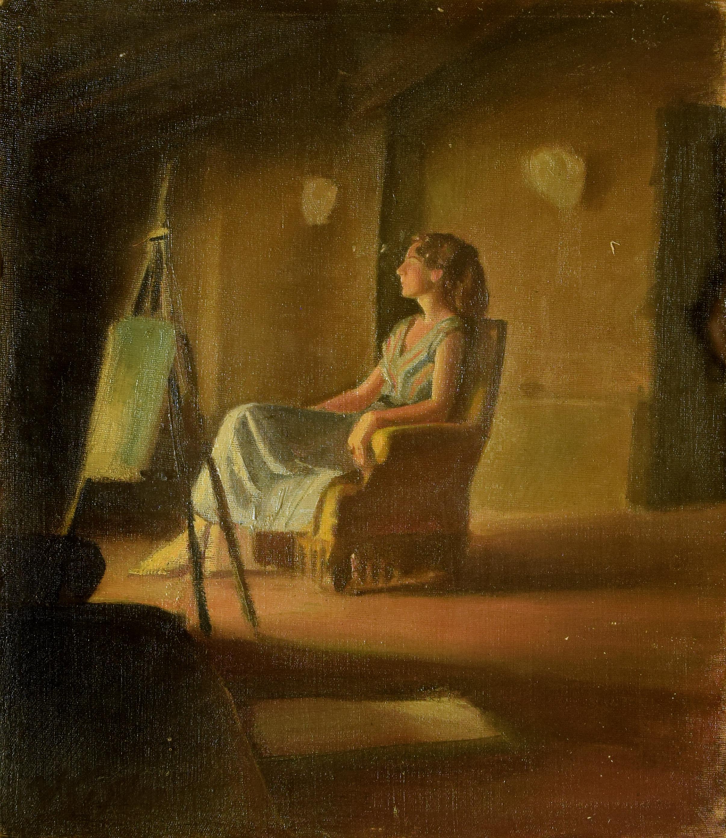 Unknown Figurative Painting - Girl on the Armchair - Oil on Canvas by Anonymous Italian Artist - 1950s
