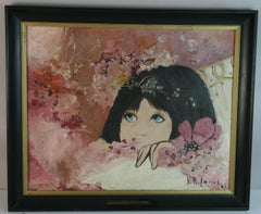 Girl Peeking Through Flowers, Vintage Impressionist Oil Painting, 1965