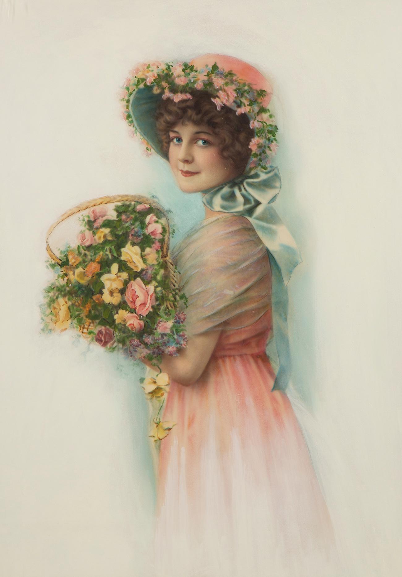Girl with Basket of Flowers - Painting by Unknown