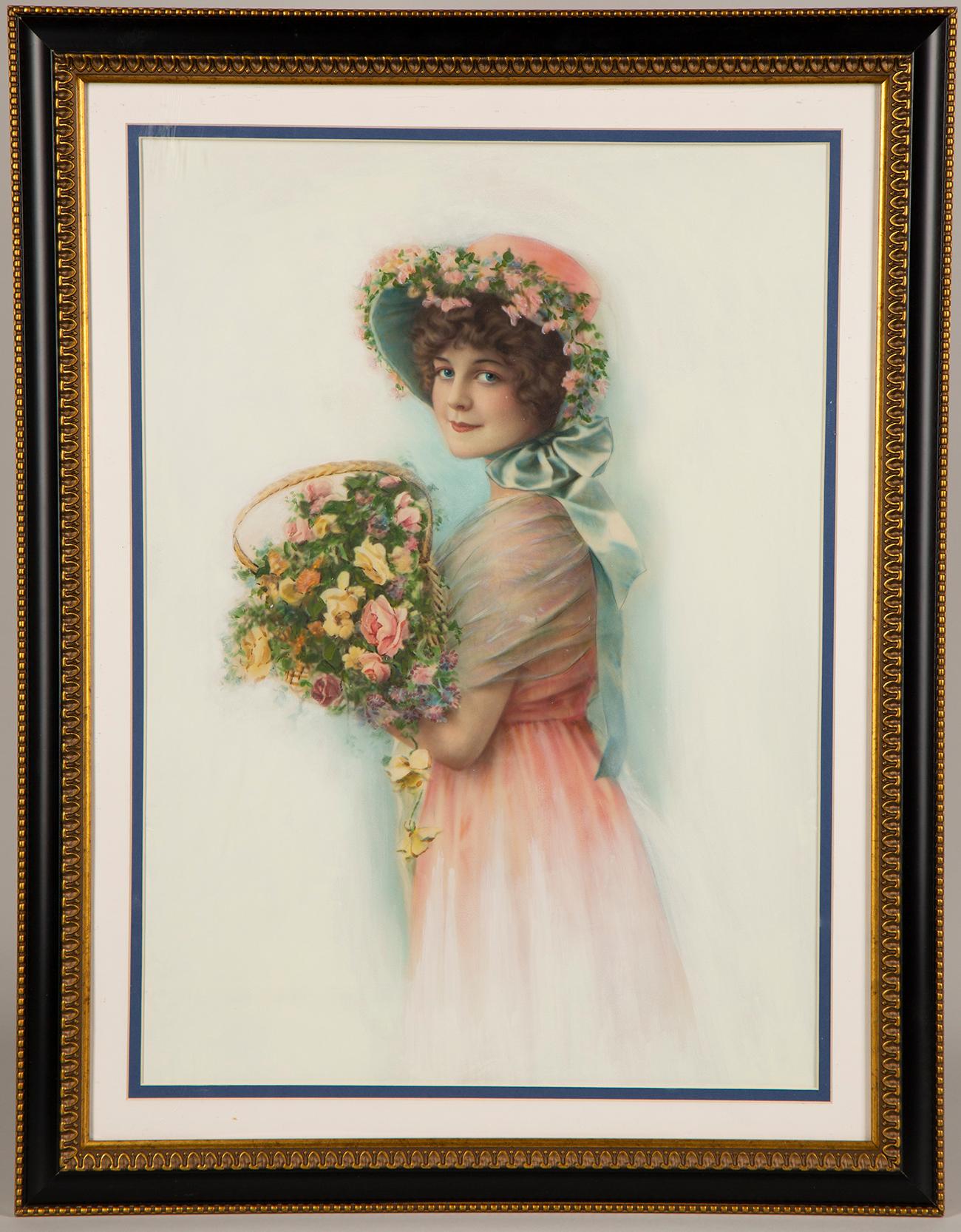 Unknown Figurative Painting - Girl with Basket of Flowers