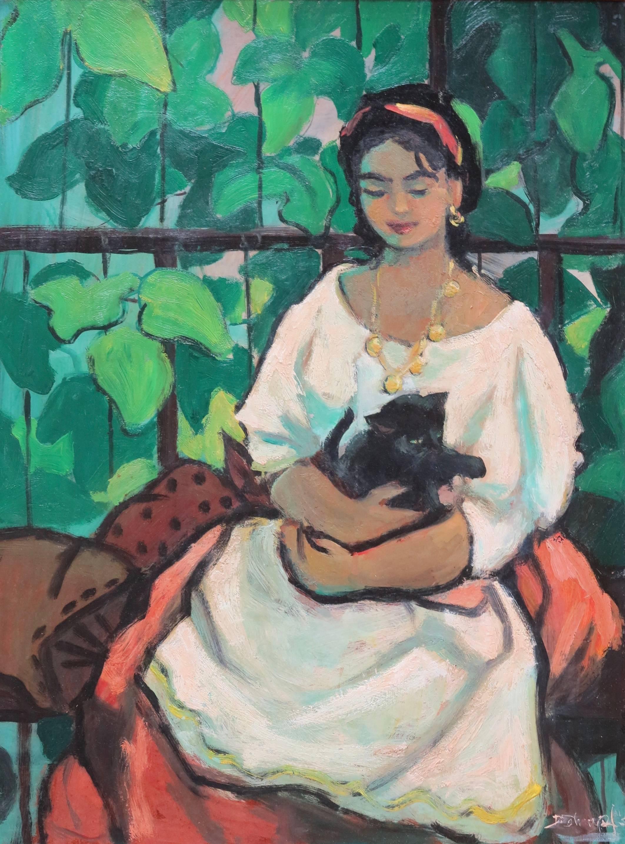 Unknown Animal Painting - Girl with Black Kitten (young lady with cat), c.1940s