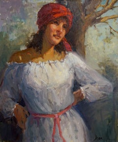 Girl in Red Bandana, Figurative Original Fine Art Oil on Linen Canvas