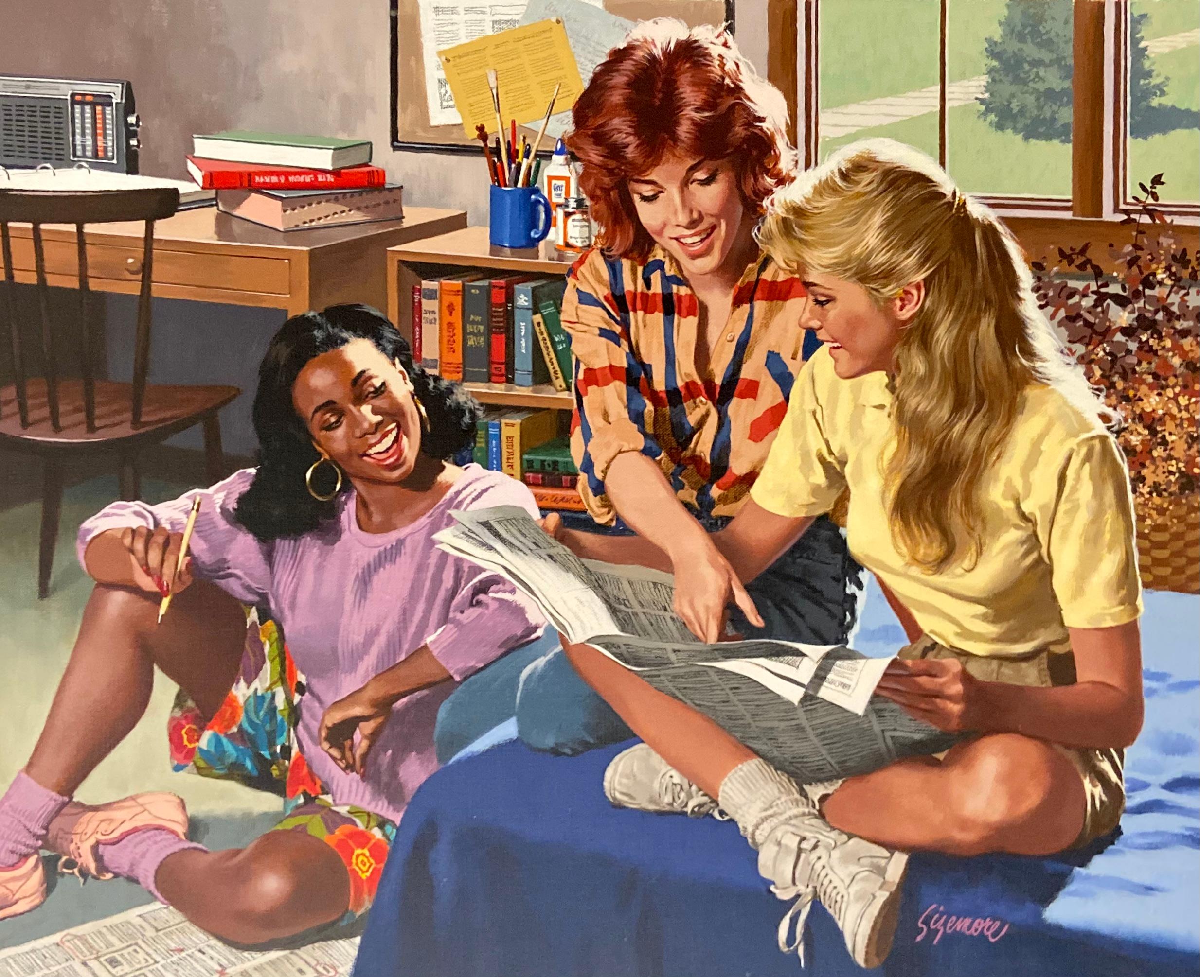 Girls Reading the Paper For Sale 1