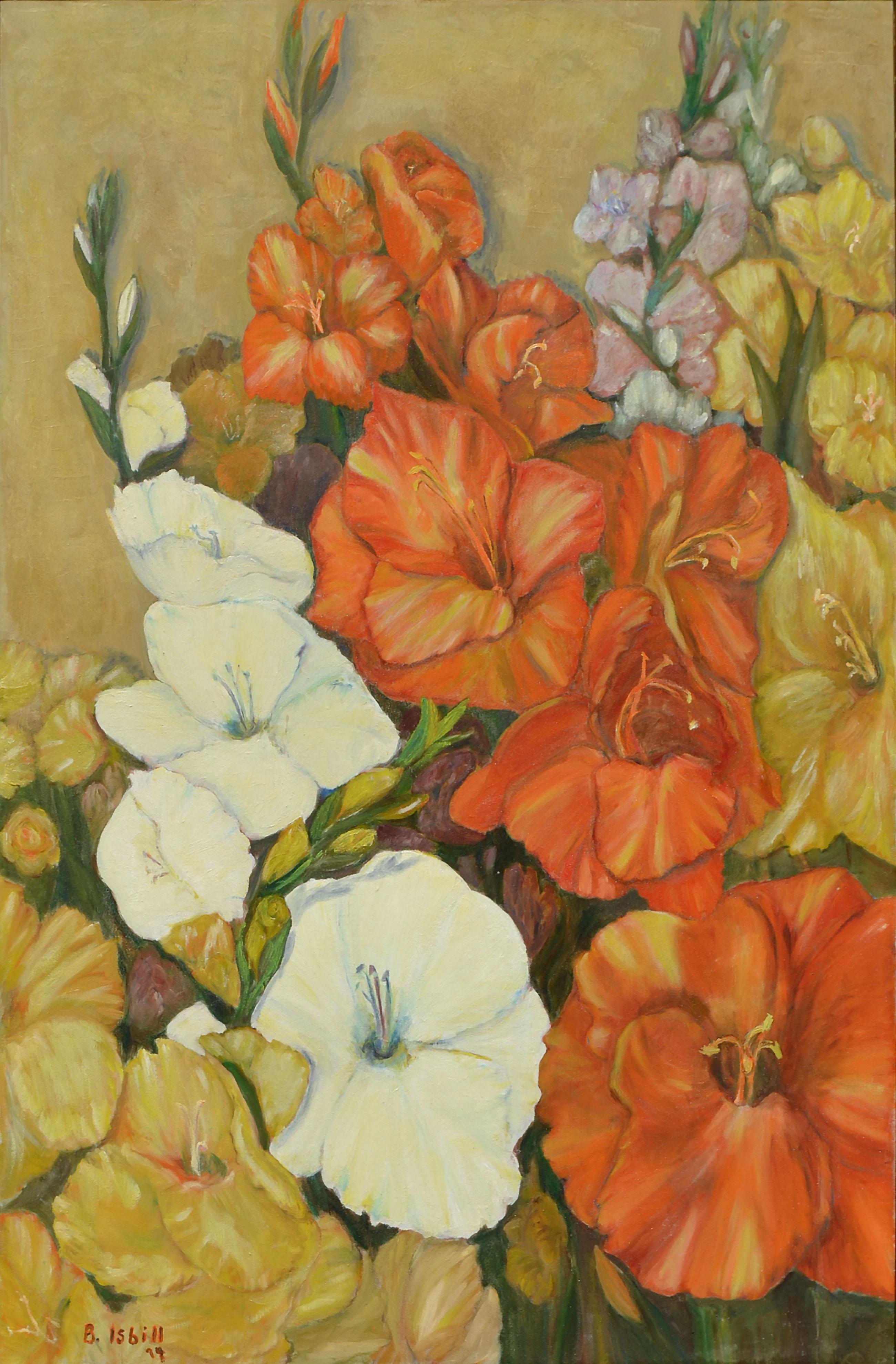 Gladiolas in Bloom - Nature morte florale des années 1970 - Painting de B Isbill
